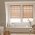 Vignette of a Mid-Century Bathroom scene of the Premium 2 1/2in. Faux Wood Blinds in the English Chestnut color with the 2 1/2in. Modern Valance and inside Mount.